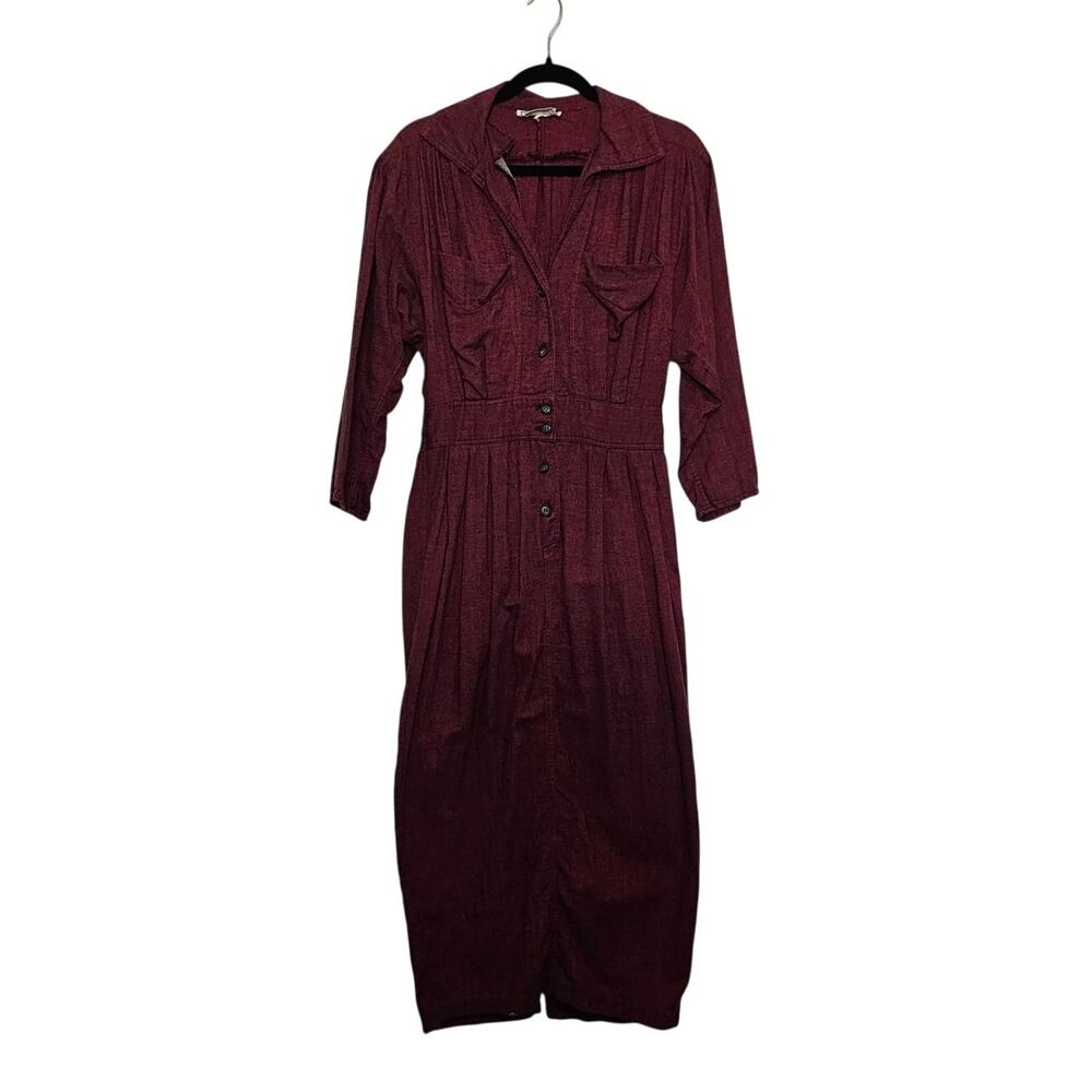 1980s Karen Alexander Vintage Red Black Shirt Maxi Dress Utility Pockets